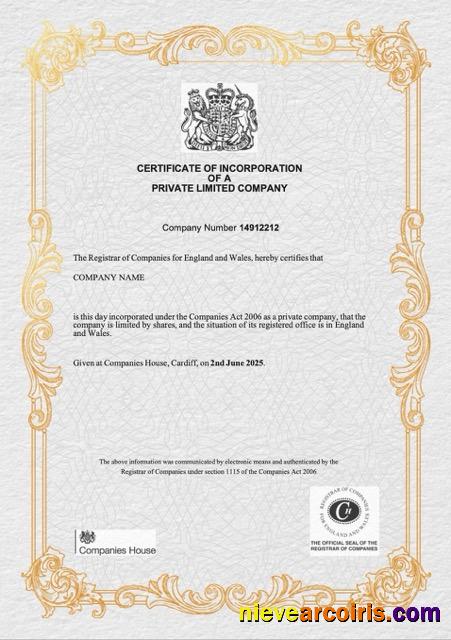 UK certificate of incorporation of a private limited company, version 3